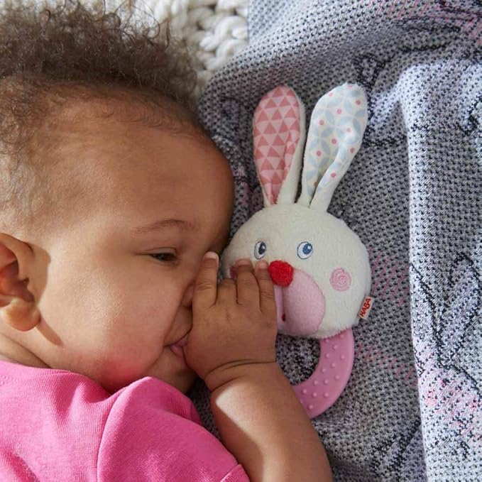HABA Bunny Teether and Grasping Toy - First Sensory Easter Basket Stuffers and Easter Bunny Baby Teething Toy for 6-18 Months