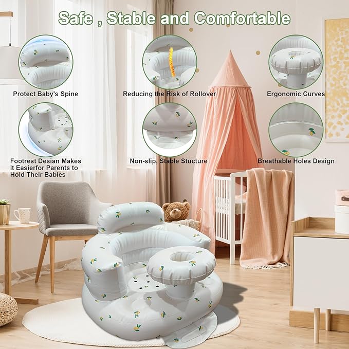 Inflatable Baby Seat for Babies 3-36 Months, Baby Chair with Fence & Built in Air Pump, Blow Up Floor Baby Seat with Back Support, Baby Chair Sit Me Up Olive-Tray