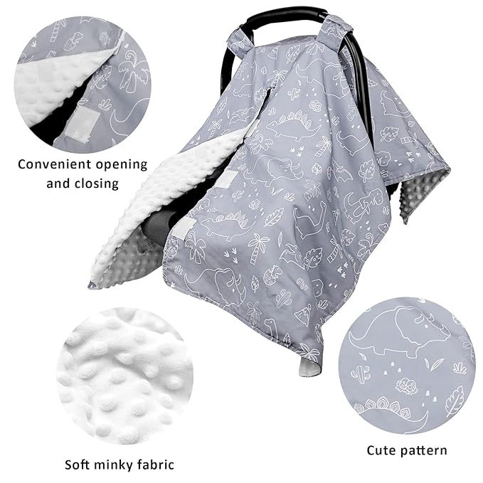 Car Seat Covers for Babies, Peekaboo Opening Infant Car Seat Canopy for Baby Boys Girls, 2 in 1 Mom Nursing Breastfeeding Covers, Minky Warm Carseat Canopy for Newborn, Dinosaur