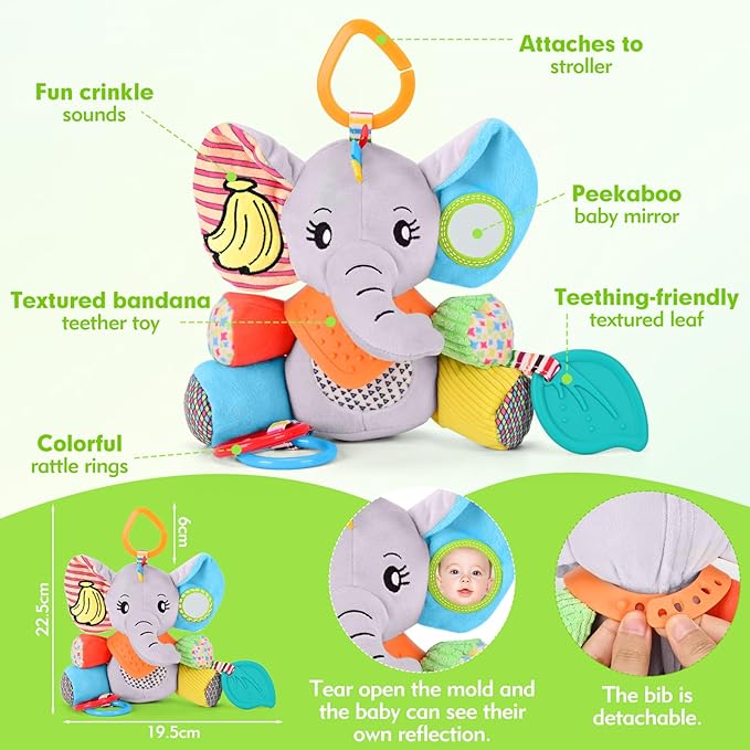 Baby Toys 0-6-12 Months: Elephant with Detachable Touch-Sensitive Sound Box (30 Sounds), Removable Bib, Teether, Rattle, BB Squeaker, Mirror | Attaches to Strollers, Car Seats, Carriers