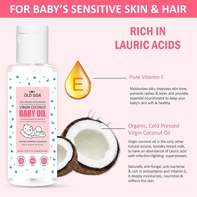 Organic Baby Oil | Cold Pressed | Non Sticky | Quick Absorb | Baby's Sensitive Skin & Hair - 200 Ml