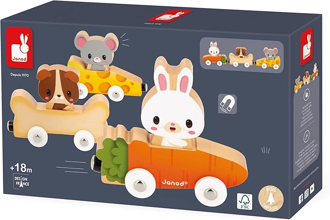 Janod - Pets Wooden Animal Car Train Push and Go Playset - Toddler Playtime - Magnetic Interchangeable Cars - Encourages Imaginative Play - Adorable Animal Characters, Safe Quality Materials