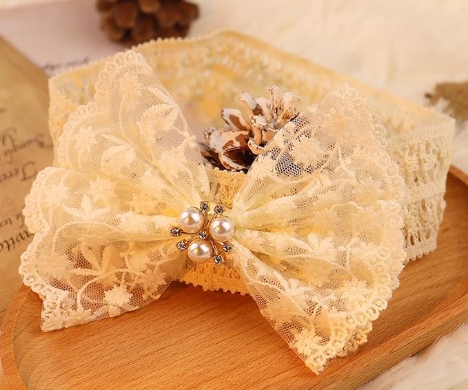 Lace Flower Bow-knot Baby Girls Headband Birthday Infant Wrap Elastic Baby Turban Hairband for Newborn Infant Toddler Kids (Ivory Pearl)