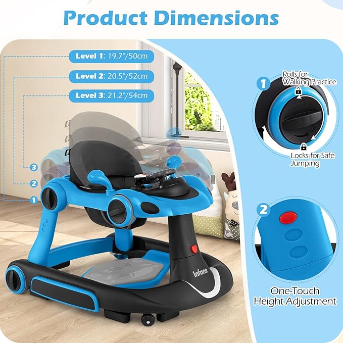 INFANS 6-in-1 Foldable Baby Walker, Converts Push Car to Bouncer, Rocker with Music, Lights, Adjustable Height & Speed, Activity Center, Canopy for 7-18 Months (Blue)