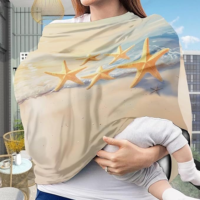 Beach Starfish Baby Car Seat Covers Multi-Purpose Sun-Proof Car Seat Cover Breastfeeding Shawl Durable Multi-Use Car Seat Canopy Cover Dust Cover