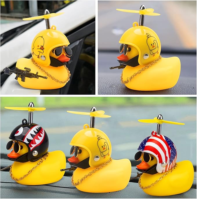 wonuu Rubber Duck Car Ornaments Cool Yellow Duck Car Dashboard Decorations Squeaky Glasses Duck with Propeller Helmet for Car ccessories Dashboard (Duckling-Yellow G)
