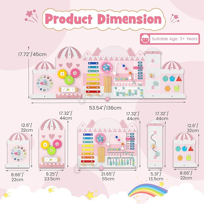 Olakids Pink Castle Sensory Wall, 11 in 1 Wooden Montessori Busy Board Panel, Toddler Wall Mounted Activity Center, Educational Toys Learning Gift for Boys Girls