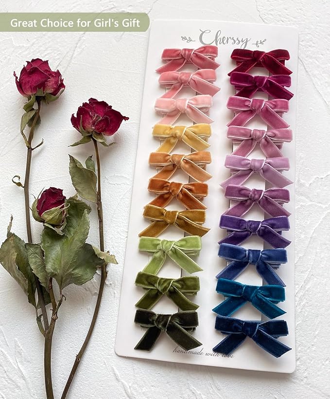 Velvet Mini Bows for Baby Girls, 20pcs Boutique Tiny Baby Hair Clips, Fully Lined Hair Barrettes Alligators for Infants Toddlers Fine Hair by Cherssy