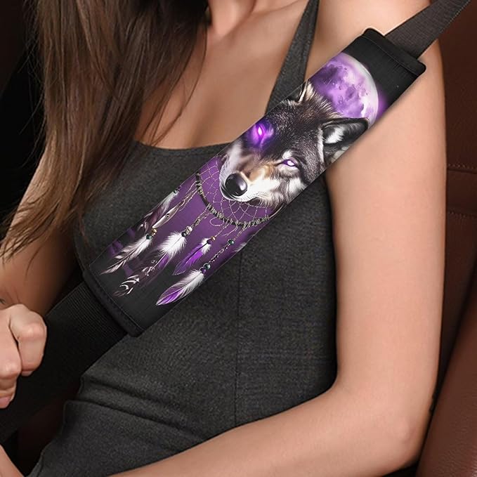 Car Seat Belt Cover Pad,Dreamcatcher Wolf Print 2-Pack Soft Car Safety Seat Belt Strap Shoulder Pad for Adults and Children,2 Piece Car Decor