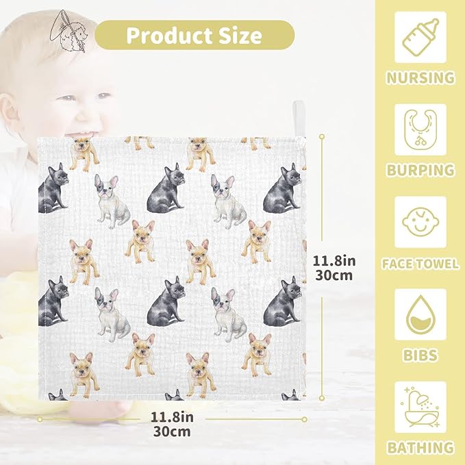 Baby Washcloths Cotton Pets French Bulldog Baby Muslin Washcloths Soft Baby Face Towel for Newborn Infants Baby Wipes, 11.8 X 11.8 Inch, 5 Pack