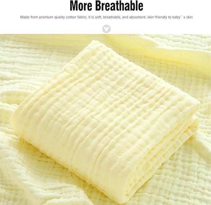 YEBON ProC 2Pcs Baby Muslin Bath Towels, Super Soft Cotton Bath Towel 6 Layers Infant Newborn Swaddle Blanket 41.3 X41.3 Inches,Baby Registry as Shower (Yellow)