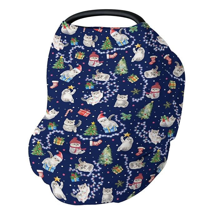Blue Christmas Holiday Cats Car Seats Cover for Babies Winter Kitten Trees Lights Candy Stretchy 5-in-1 Cover Adjustable Car Canopy Breastfeeding Cover Cats Lover Gift Breathable Nursing Cover-Up