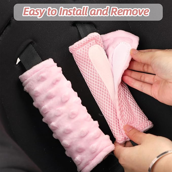 Baby Car Seat Strap Pads, Car Seat Strap Shoulder Covers for Baby Infant Toddler, Double-Sided Car Seat Belt Covers for Stroller/Pushchair/Baby Swing, Soft Flannel & Mesh, Pink