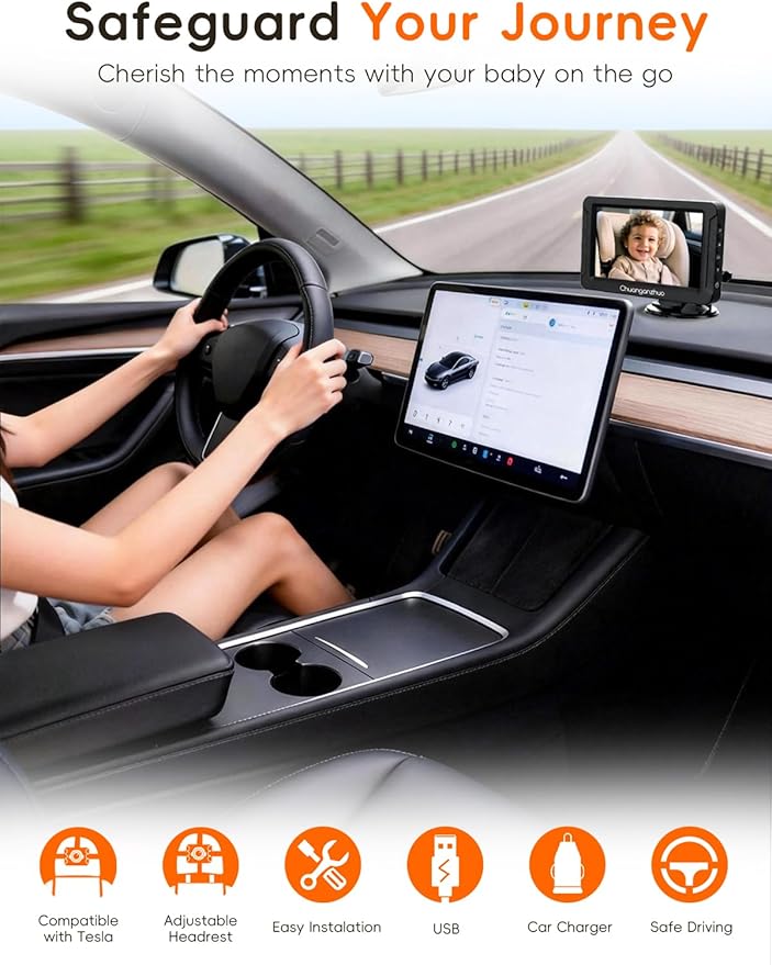 S100C Baby Car Camera USB Powered, Crystal Clear Auto IR Night Vision in Total Dark, Adjust Brightness & 1080P 5" IPS Monitor, 3X Zoom & 360° Rotating Backseat Camera for Rear or Forward-Facing