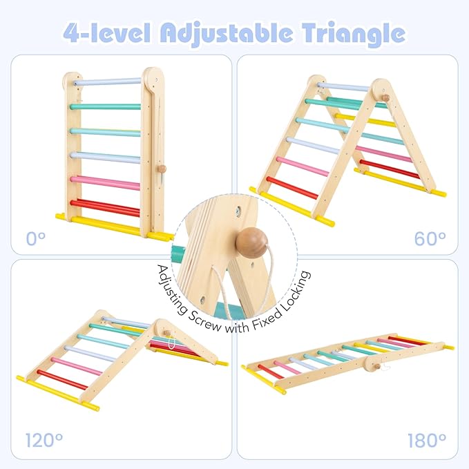 Olakids Pikler Triangle Set 7 in 1 Climbing Toys for Toddlers Foldable Baby Wood Montessori Jungle Gym with Angle Adjustable Ladder Seesaw Ramp Indoor Playground (Colorful)