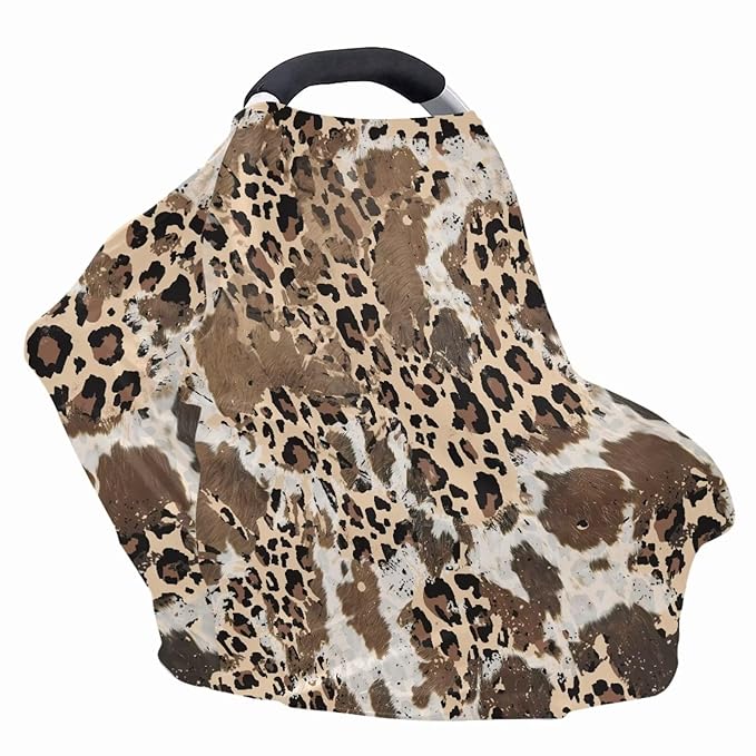 Binienty Leopard & Cow Print Nursing Cover Breastfeeding, Vintage Cozy Car Seat Covers for Baby Stroller Canopy Stretch Scarf for All-Season Use