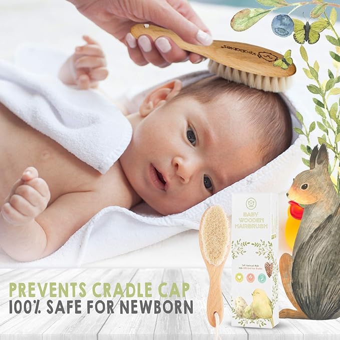 Baby Hair Brush & Bamboo Viscose Baby Washcloth Set for Newborn - Baby Bath Grooming Essential - Suitable for Delicate Newborn Scalp, Skin and Cradle Cap