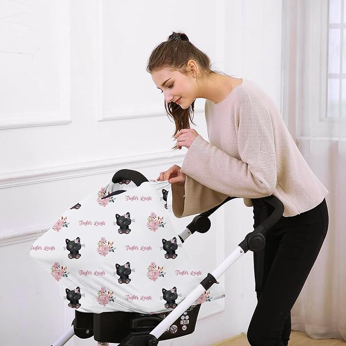 Custom Name Car Seat Canopy - Baby Car Seat Covers, Black Cat Print Infant Stroller Cover, Carseat Canopy Christmas Birthday Gifts for Girls and Boys(27"x29")