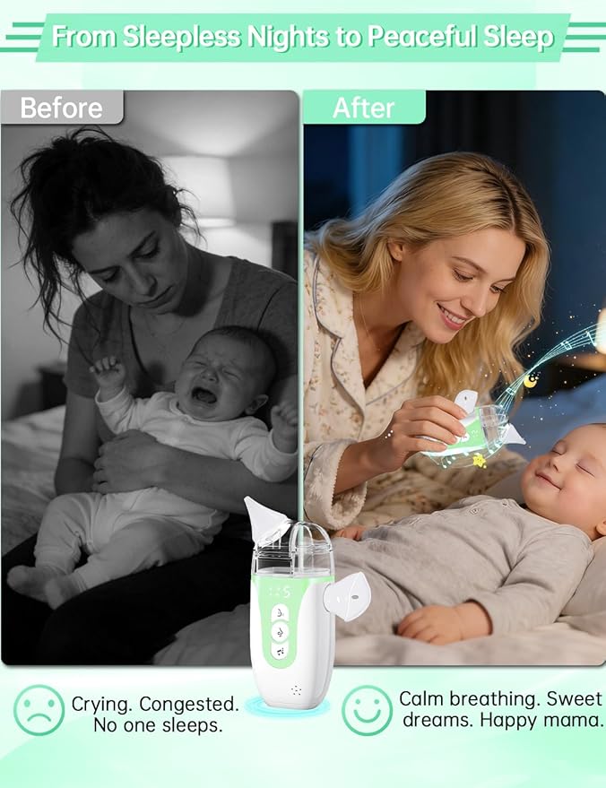 Nasal Aspirator for Baby,2-in-1 Smart Electric Nose Sucker, 2026 Upgraded with AI Anti-Backflow Protection,70Kpa Hospital-Grade Suction,15ml Large Capacity,5 Levels,Ultra-Quiet with Music-Green