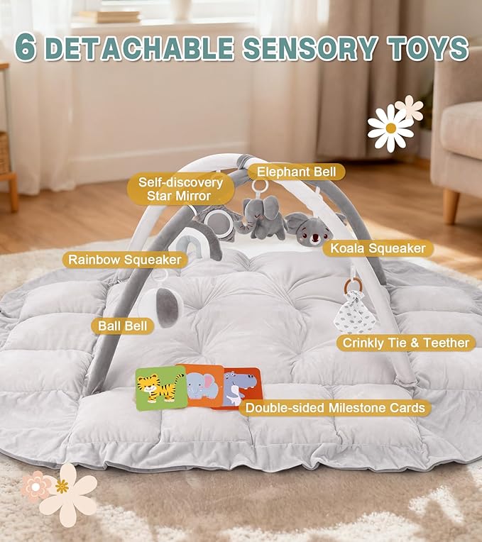 5-in-1 Baby Play Gym and Tummy Time Mat, 12 Learning Cards, Plush Activity Mat with 6 Toys, Baby Gym, Convertible to Ball Pit, Baby Gift, Grey