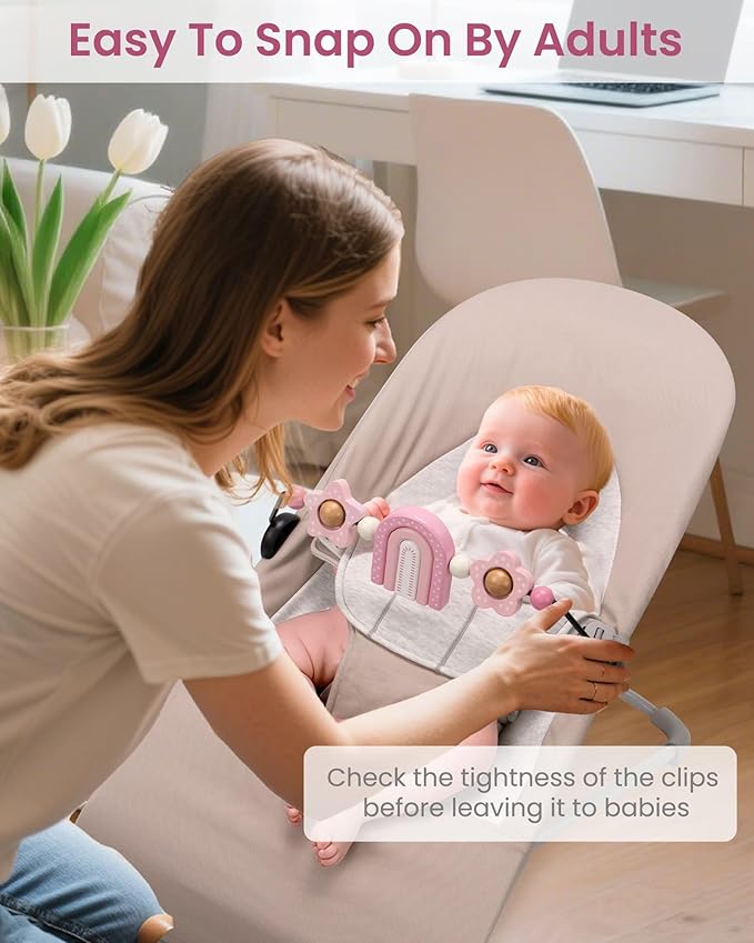 TinlyFinly Baby Bouncer Toy Bar Wooden Compatible with Baby Bjorn Bouncers, Bouncer Toy Attachment, Tight and Secure Fit, So Fun to Watch, Touch and Spin for Babies All Ages (Pink Rainbow)