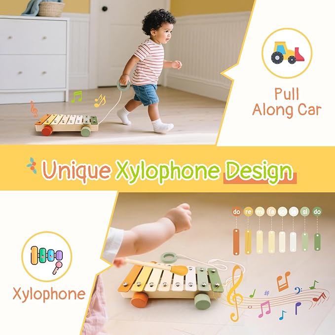 Wooden Musical Instruments Set for Toddlers 18+ Months - 7PCS Montessori Educational Learning Toys with Xylophone, Maracas, Trumpet & Storage Bag for Kids Baby