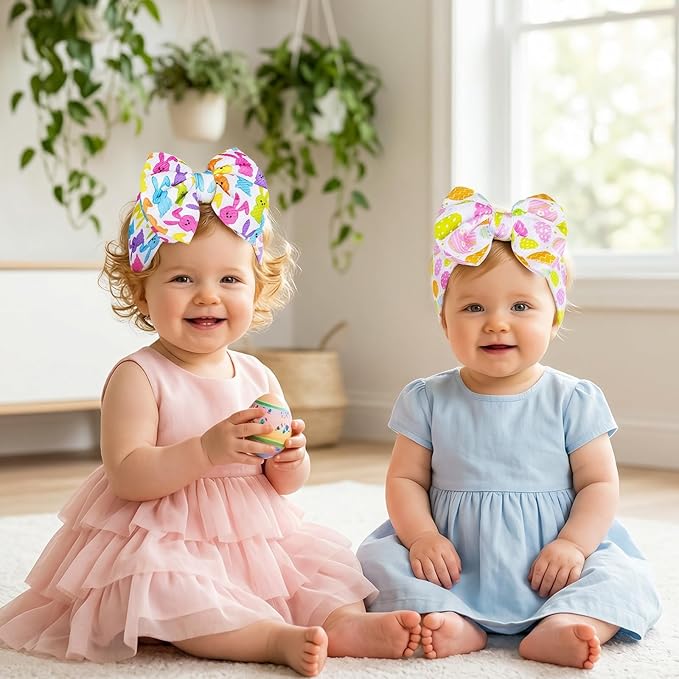2Pcs Easter Baby Headband Rabbit Egg Easter Hair Bows for Girls Large Easter Bunny Ears Headband Toddler Girls Nylon Hair Accessories Big Bows Hairband