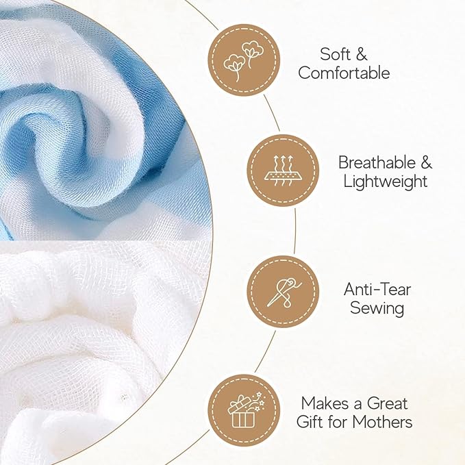 Muslin Baby Bath Towel Set - 100% Organic Cotton 5-Piece Set (2 Large Towels & 3 Washcloths), 6 Layer Absorbent Gauze, Perfect Newborn (Blue Stripe)