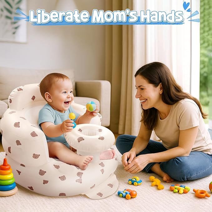 Arscniek Inflatable Baby Seat Built in Air Pump, Blow Up Baby Chair with Back Support and Tray, Sit Me Up Floor Seat for Babies 3-36 Months, Portable Infant Chairs for Indoor and Outdoor - Bear Head