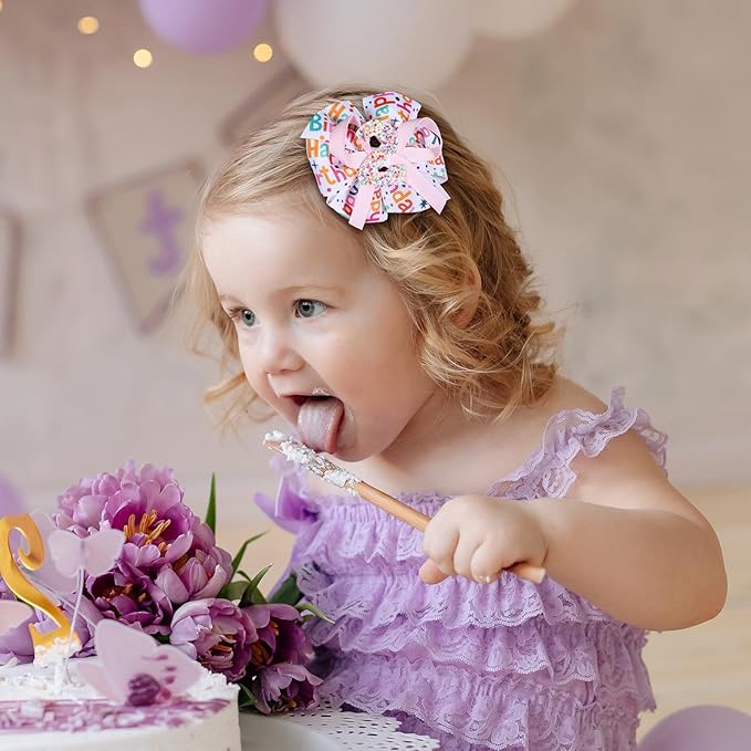 3.5" Glitter Happy Birthday Hair Bow Clips for Baby Girls 1 2 3 4 5 Years Cute Pink Sprinkle Confetti Ice Cream Party Dress Pigtail Decoration Accessories Gift for Her 2nd Birthday