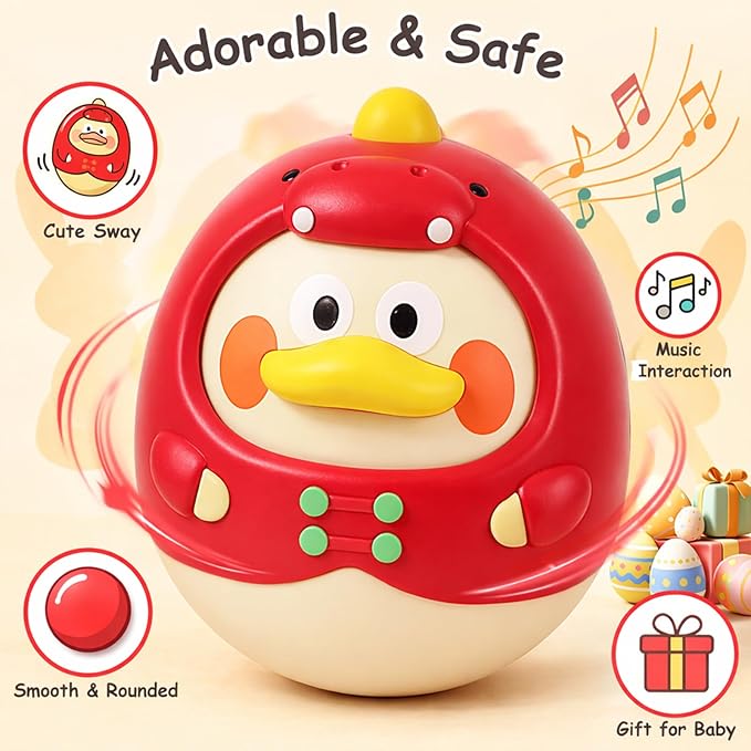 Tinabless Tummy Time Toys, Dinosaur-Duck Roly Poly Baby Toy, Musical Wobbler Toy | Tumbler Wobbler Toy for Newborns 3-12 Month Baby Boys and Girls Easter Basket Gift First Birthday Present (Red)