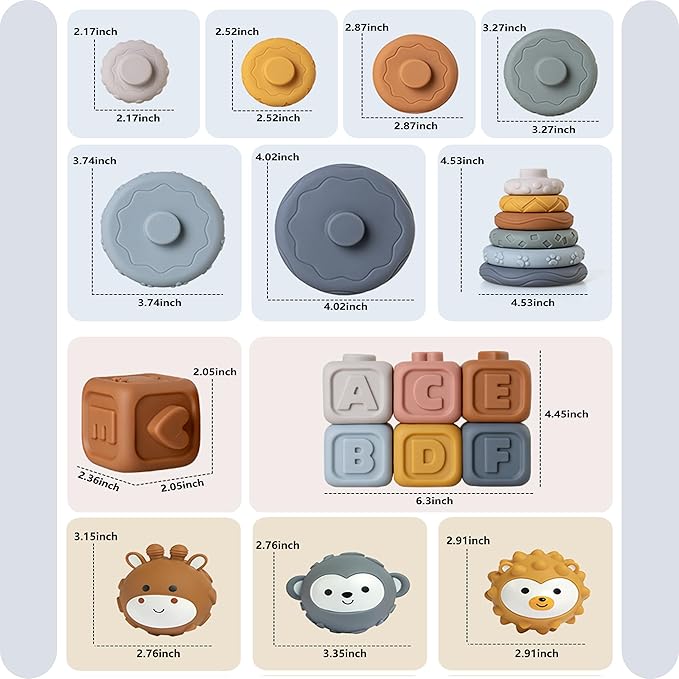 3 in 1 Baby Toys Bundle,Soft Stacking Building Blocks,Teething Ring & Sensory Balls for Newborn to 18 Months| Soft Textured Design,Perfect for Sensory Development, Motor Skills (Family Edition)