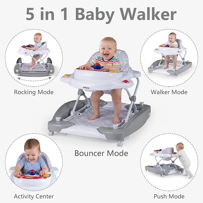 INFANS Baby Walker, 5 in 1 Behind Walker Learning Seated Rocker Bouncer with Removable Music Tray, Adjustable Height, Washable Seat Cushion, Foldable Activity Center for Toddlers (Light Gray)