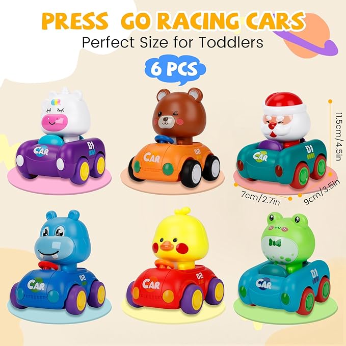 Press and Go Car Toys for Toddlers 1-3, Gifts for 1 Year Old Boy, 6 Pack Friction Powered Baby Push Cars, Infant Play Vehicle Set for 6-9-12-18 Months, 1st Birthday Gifts for 1-2 Year Old Boys Girls
