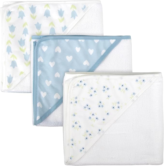 Jessica Simpson Baby 6-Piece Hooded Towel & Washcloth Set – Soft Polyester Hooded Towels + Matching Washcloths – Blue & Neutral Floral Design