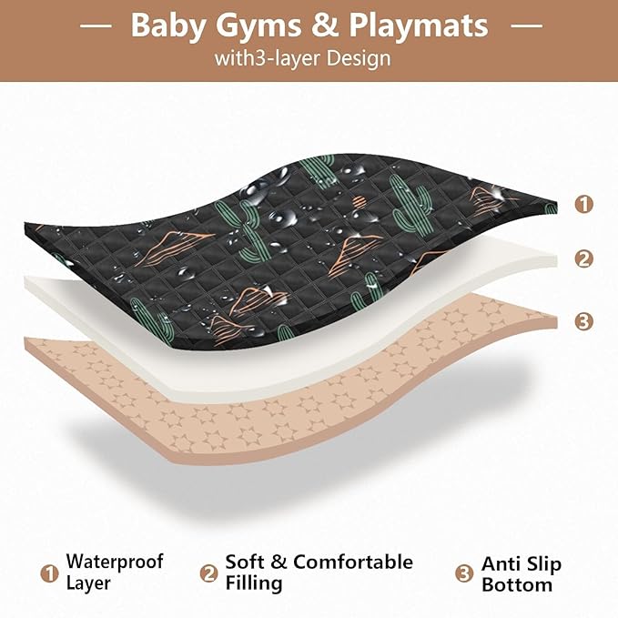 Baby Play Mat Cactus Plant and Mountain Black 50 x 50 Playpen Mat Baby Play Mats for Floor Play Gym Crawling Mat Non-Slip Cushioned Baby Playmat for Infants, Babies, Toddlers