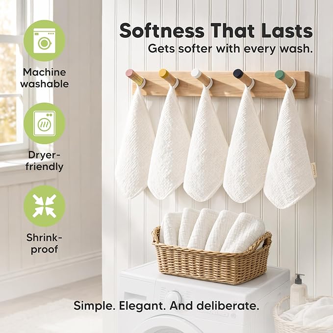 5-Pack Muslin Baby Washcloths for Newborn – 12x12" Soft Absorbent Organic Cotton Muslin Wash Cloths for Babies Girl, Boy, Infant, Toddlers, Kids Face Towel, Bath Essentials,Baby Burp Rags (Soft White)