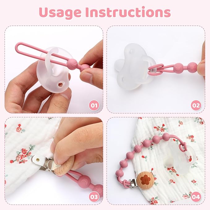 Silicone Pacifier Clip Holder for Baby Girls Boys, Christmas Baby Gifts 4-Pack One-Piece Soft Flexible Binky Clips Holder with Cute Texture, Anti-Loss Paci Clips for Birthday Baby Shower Essentials