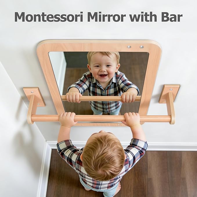 Montessori Baby 2-in-1 Shatterproof Safety Mirror with Pull-Up Bar - Infant Wall Mount & Floor Play for Tummy Time (6-18 Months)