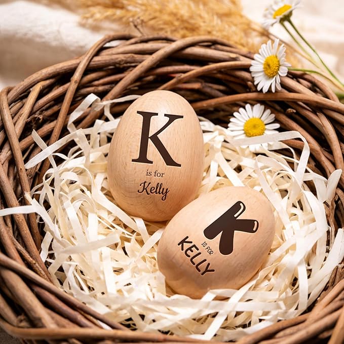 Custom Musical Easter Egg Shaker with Engraved Name and Initial, Wooden Easter Egg Basket Stuffers for Kids, Fake Eggs for Egg Hunt Prize Decor Party Baptism Gift