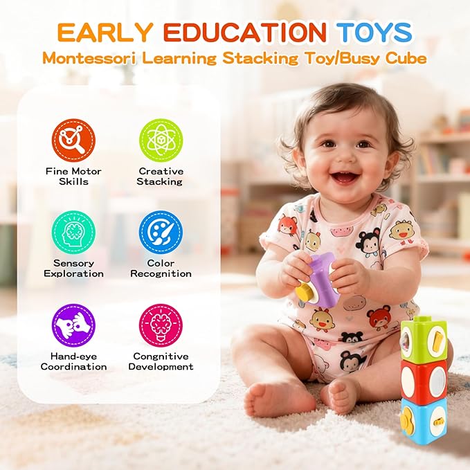 Montessori Activity Cube & Busy Board for 1 Year Old - 12-in-1 Travel Toys for Airplane & Car, Educational Activity Stacking & Sensory Toys for Toddlers 1-2, Easter Basket Stuffers for Toddler