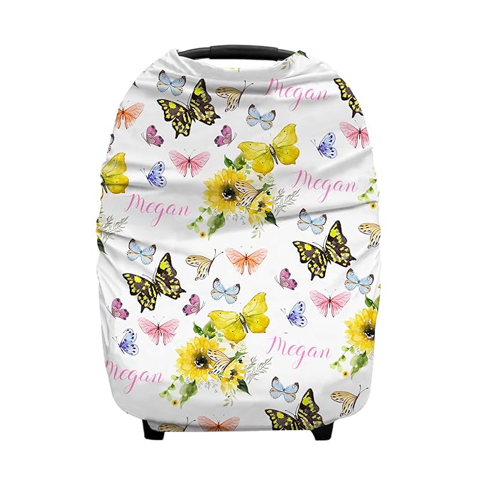 Personalized Baby Car Seat Cover for Girls, Custom Nursing Covers with Name, Sunflower Butterfly Pattern, Universal Fit, Water Resistant, Linen, Cotton