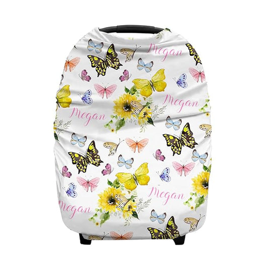 Personalized Baby Car Seat Cover for Girls, Custom Nursing Covers with Name, Sunflower Butterfly Pattern, Universal Fit, Water Resistant, Linen, Cotton