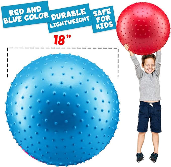 PlayBolt Jumbo 18-Inch Playground Balls (2 Pack, Red & Blue) - Giant Large Inflatable Rubber Kickball for Kids and Toddlers, Boys & Girls Backyard, Sports, Gym, Recess, Indoor & Outdoor Games w/Pump