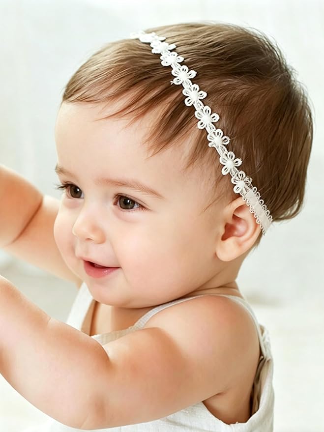 Baby Girls Flower Crown Headband Lace Handmade Floral Headbands Soft Elastic Band Daisy Hairband Newborn Infant Toddler Kids for Christening Baptism Birthday Party (Small White Daisy)