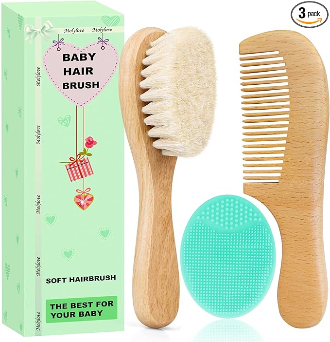 Baby Hair Brush with Wooden Handle and Comb Set for Newborns & Toddlers | Natural Soft Goat Bristles l Wood Comb l Green Cradle Cap Brush | Ideal for Cradle Cap (3 Piece)