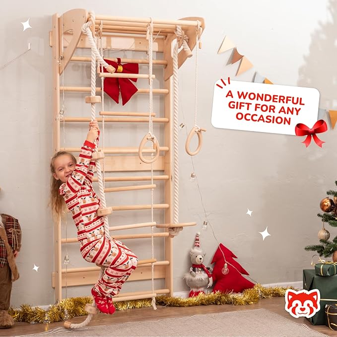 Woodandhearts Swedish Ladder for Kids with Rope Accessories - Indoor Jungle Gym, Indoor Jungle Gym for Kids Ages 3-16, Indoor Climbing Gym (Swedish Ladder of 2 Parts(Natural Wood Color))