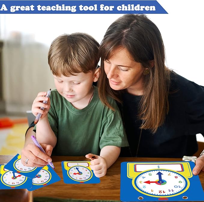 Junkin 25 Pcs Teaching Clock Kit, Learning Clocks for Kids Learning Time with Erasable Surface for Home School Classroom Supplies(Cute Style)
