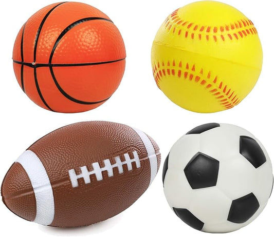 Kiddie Play Set of 4 Foam Balls for Toddlers 4" Soft Soccer Ball, Baseball, Basketball, and 6" Football for Kids