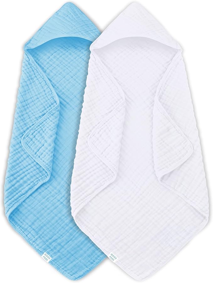 MOON PARK 2 Pack Muslin Hooded Baby Bath Towels for Newborns, Infants, Toddlers - 100% Cotton - Large 32x32Inch Size - Highly Absorbent and Essential, White and Aqua
